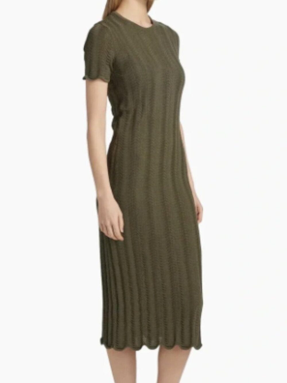 Tanya Taylor Leighton Olive Green Crochet Knit Short Sleeve Midi Dress M